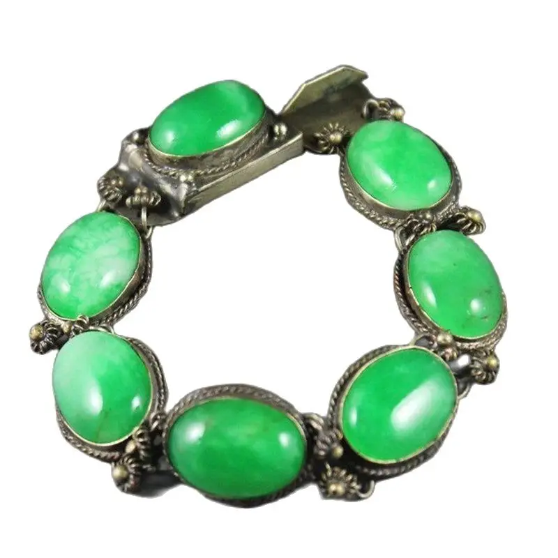 Tibetan Silver  Iinlaid With Green Jade ,Beautiful Jade Beads Silver Bangle