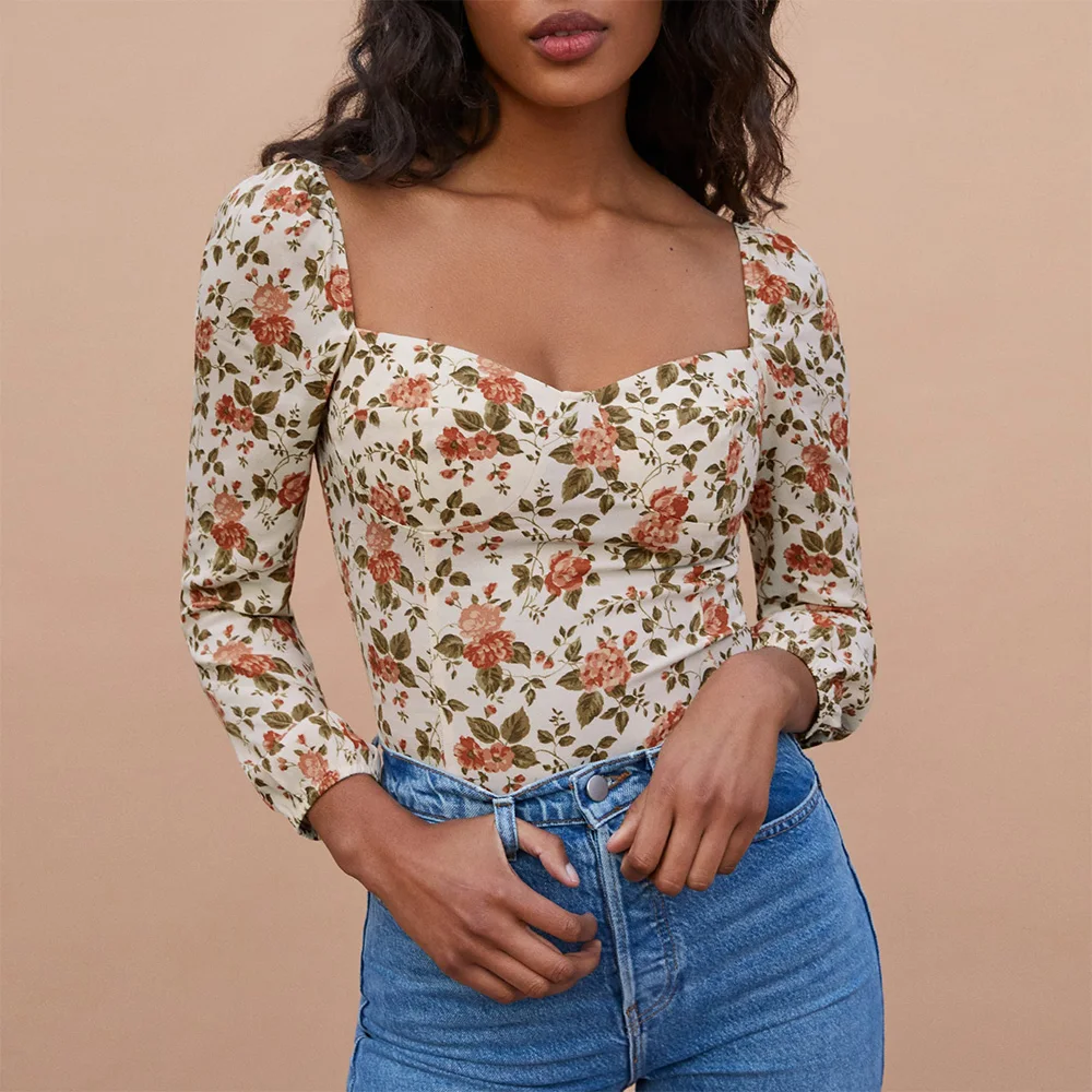 Blusen 2021 Mode Frauen Schatz Neck Elegante Chiffon Bluse Langarm Vintage Floral Print Top Schmal Geschnittene Frauen Tops