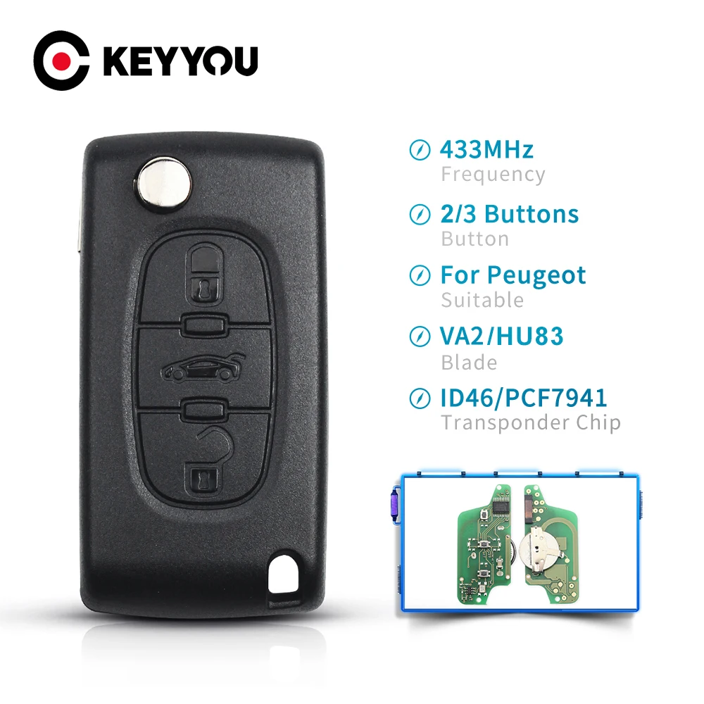 

KEYYOU 2/3BT CE0536 CE0523 Remote Key Fob 433Mhz ASK For Peugeot 307 3008 308 408 433MHz ID46 Chip Car Flip Key VA2/HU83 Blade