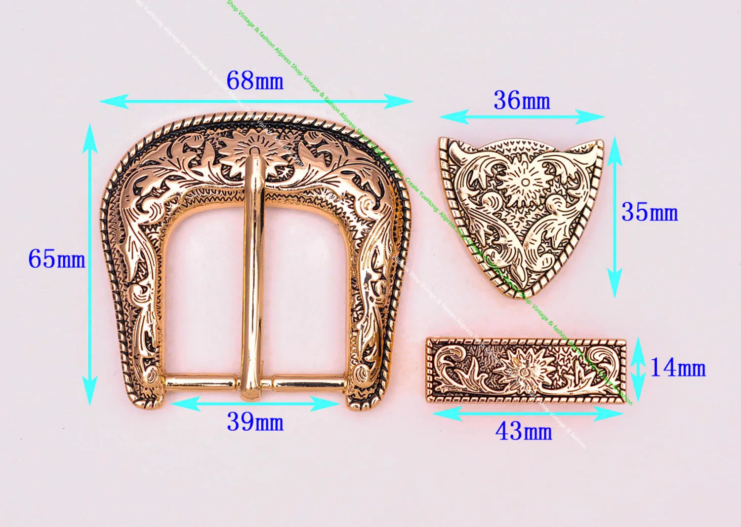 Gold Heavy Western Flower Rope Side Engraved Rodeo Cowgirl Cowboy 3 Piece Set Biker Belt Buckle Unisex 1-1/2