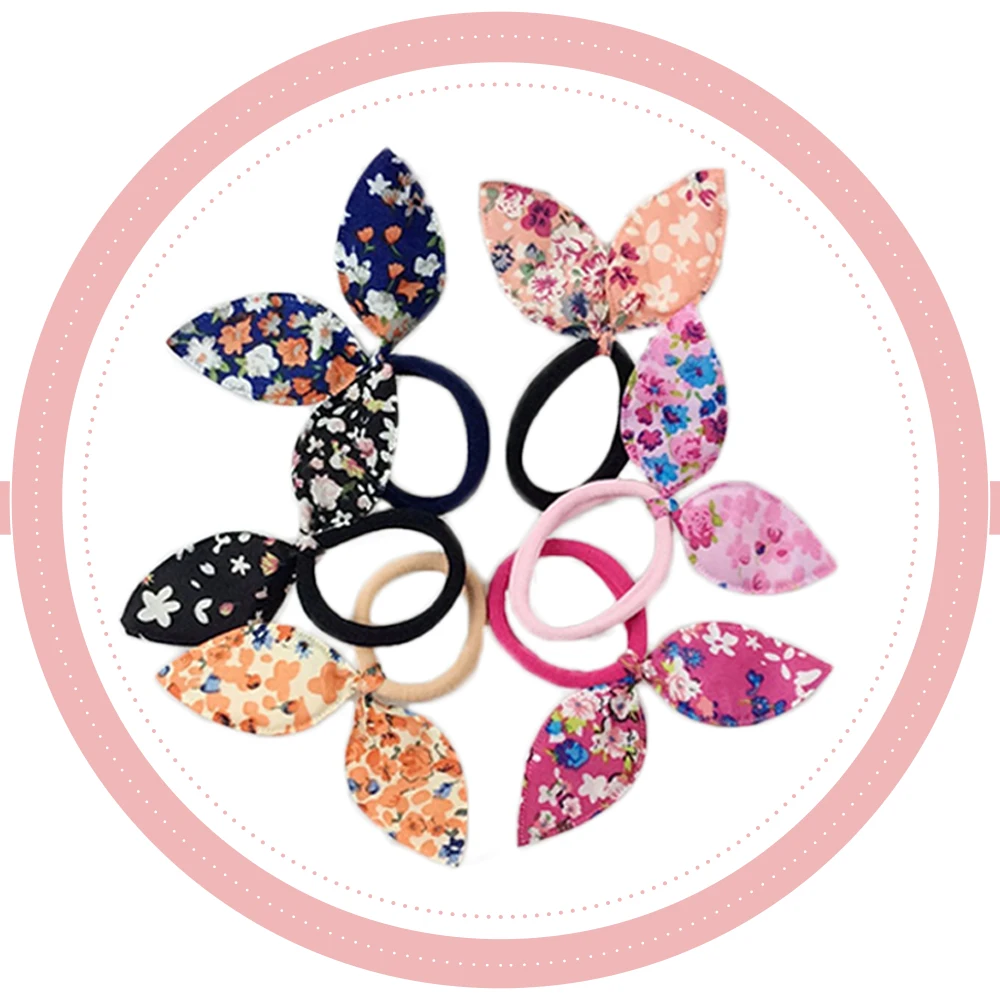 10Pcs Floral Print Bows Elastic Hair Bands Princess Hair Bows Lot Rabbit Ear Children Hair Gum Hair Accessories  For  Baby Girls