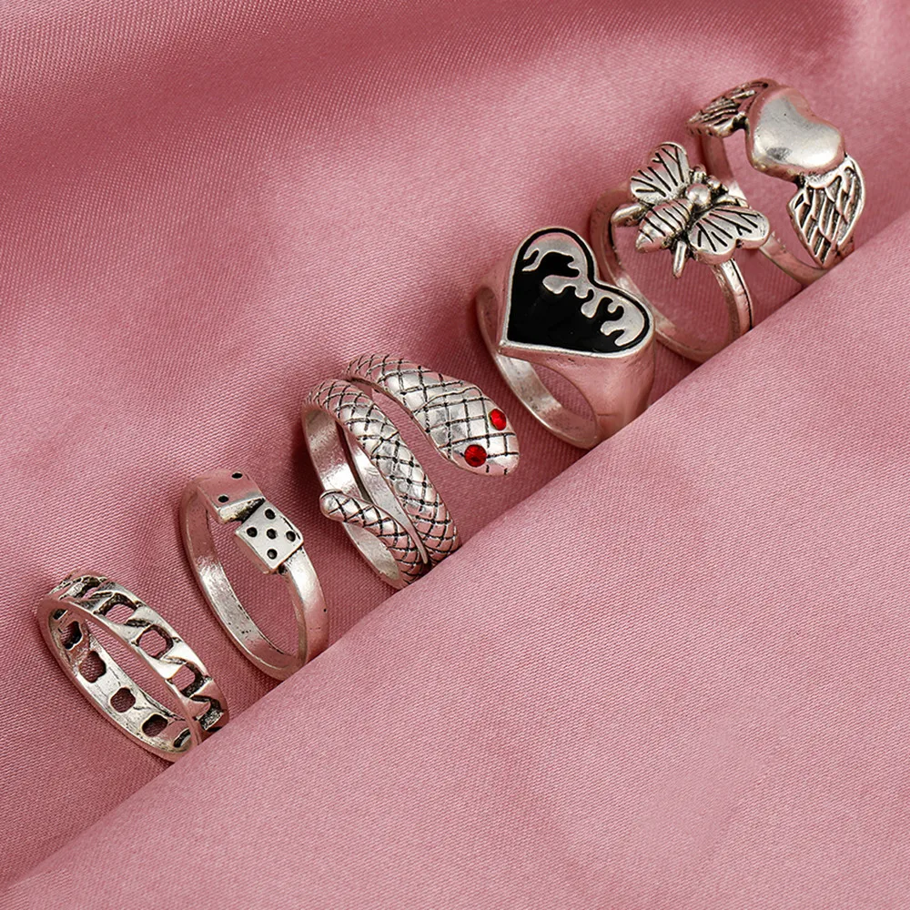 Punk Vintage Silver Color Poker Billiards Ring Set for Women Gothic Heart Anillos Hip Hop Y2k Korean Fashion Male Gift Jewelry