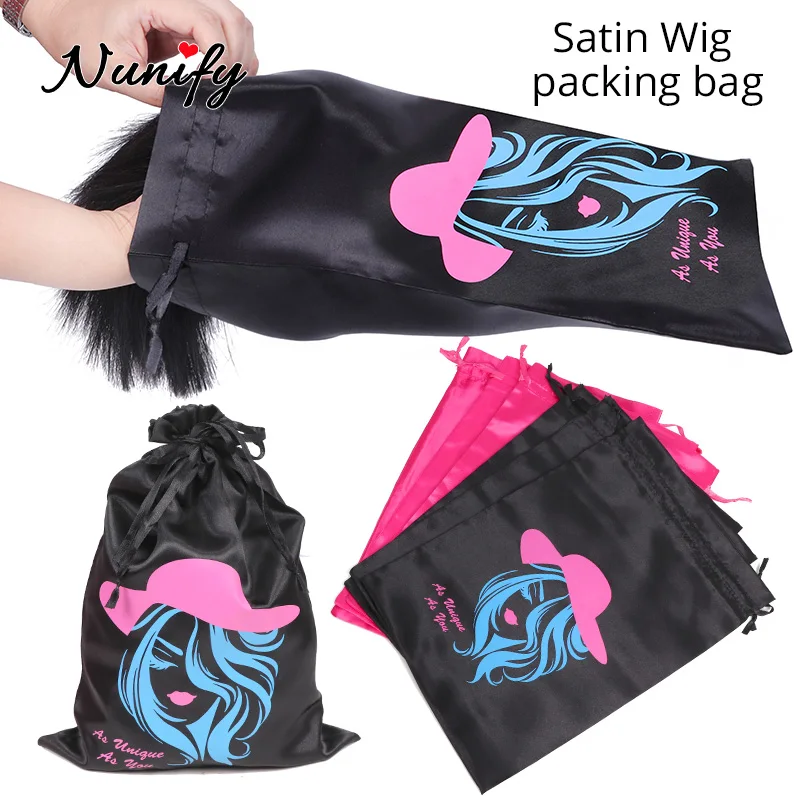 One Dozen Wig Storage Bag Wholesale Drawstring Bag For Hair 12Pcs/Lot Black Pink Satin Hair Bag For Hair Extensions Wigs