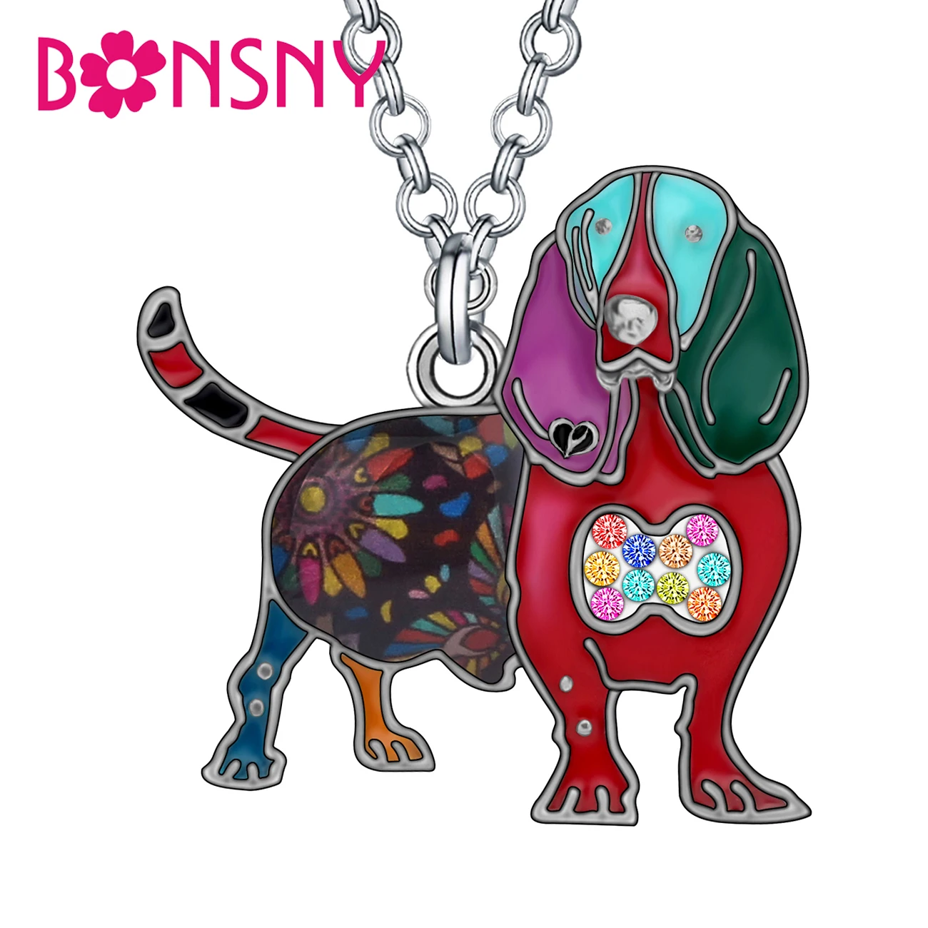 Bonsny Enamel Alloy Rhinestone Basset Hound Dog Necklace Pendant Animal Jewelry For Women Girls Pet Lovers Charm Party Accessory