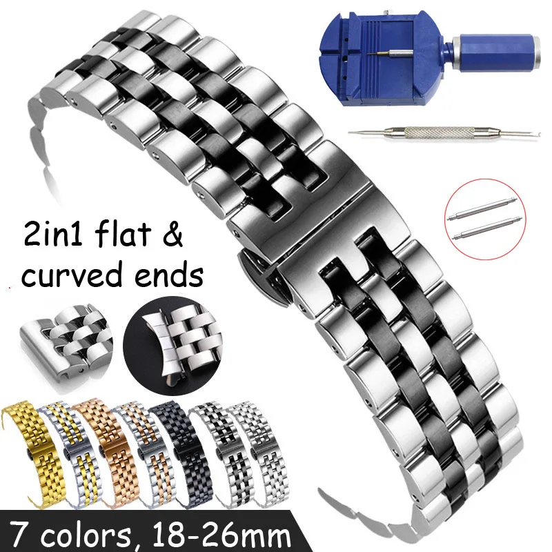 Flat and Curved End Watch Band 18 19 20 21 22mm 24mm 26mm Stainless Steel Watch Strap Butterfly Clasp Replacement Wrist Bracelet