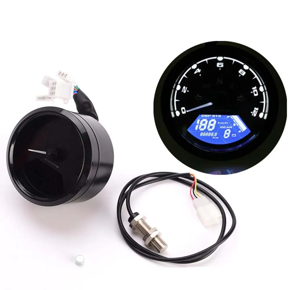 Universal Digital Motorcycle Speed Meter Odometer Tachometer Gauge Dual Speed LCD Screen for 1-4 Cylinders