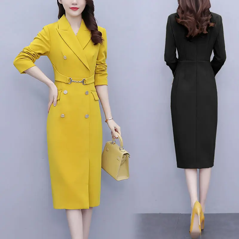 

2023 New Spring Autumn Suit Dress Women Clothing Solid Double Breasted Ladies Office Dresses Elegant 5XL Dress aq005