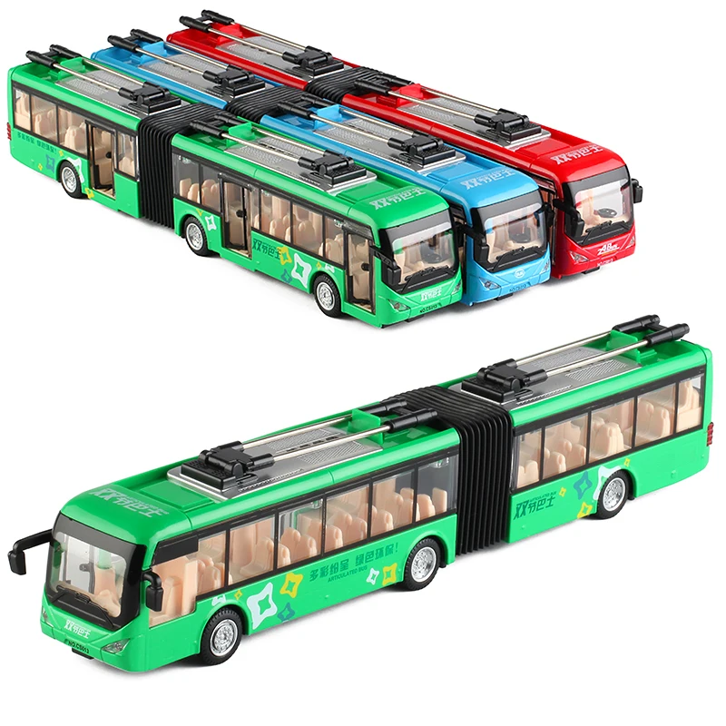 Double section length bus,1:50 alloy pull back Double section bus,High-quality sound and light music children\'s toys