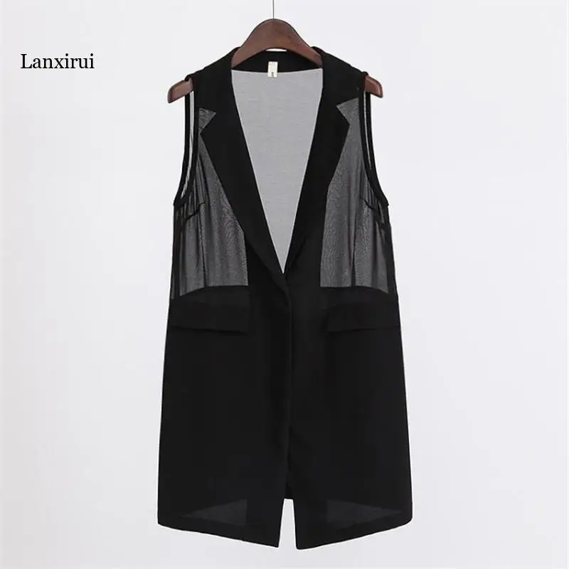 

Summer Vest Jacket Women 5XL Black Chiffon Sleeveless Blazers Outerwear Female Perspective Casual Waistcoat