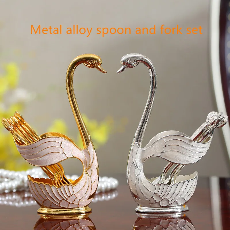 

7 piece swan fork coffee spoon holder set hollow home metal decoration fruit salad dessert fork living room kitchen tableware