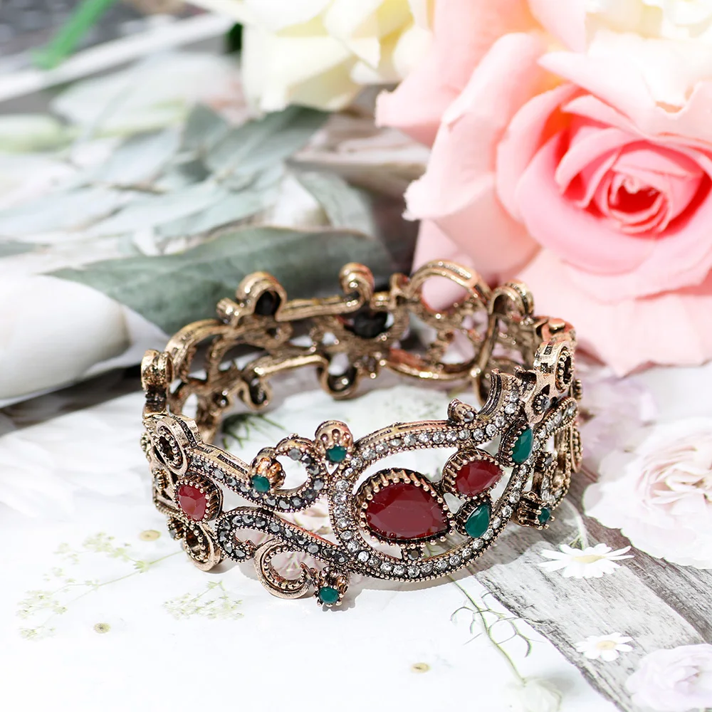 Sunspicems Vintage Turkish Flower Bangle Bohemia Women Bracelet Antique Gold Color Resin Bride Bracelet Wedding Jewelry Gift