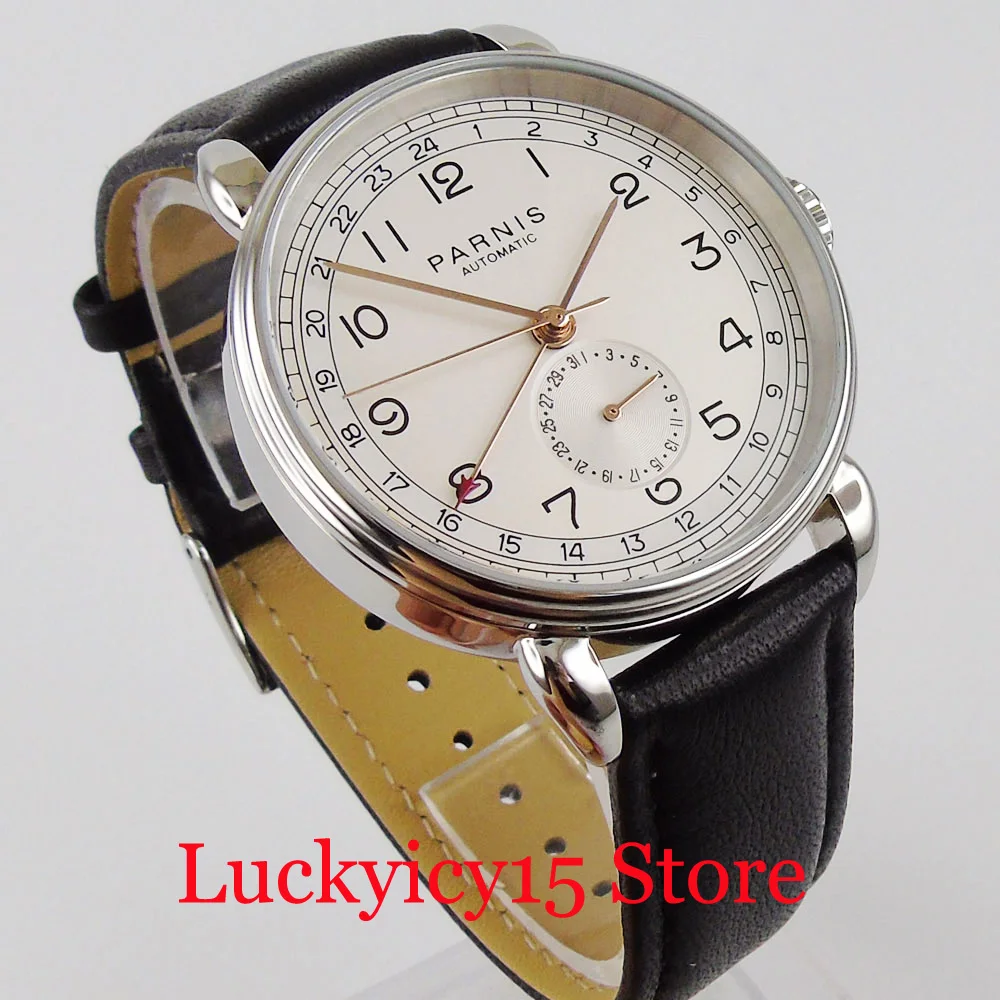 PARNIS Round GMT Men Wristwatch Self Winding Movement Rose Gold Marks Leather Strap Date Sub Dial Seeing Backcover