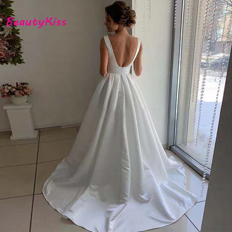 Robe de Mariée en Satin Simple, Col en V, Dos aux, Sexy, Blanc Ivoire, Patients, Peu importe pour Femme