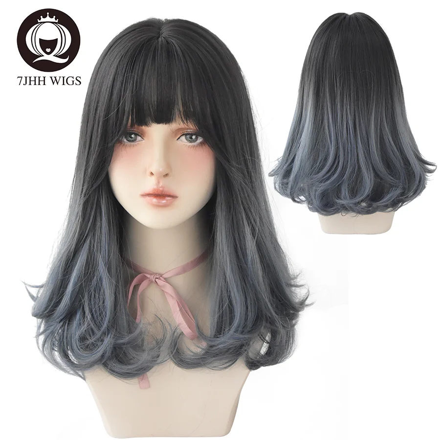 7JHH WIGS Medium Length Omber Blue Gray Wigs With Fluffy Bangs Synthetic Straight Colourful Hair Wig For Women Beginner Friendly