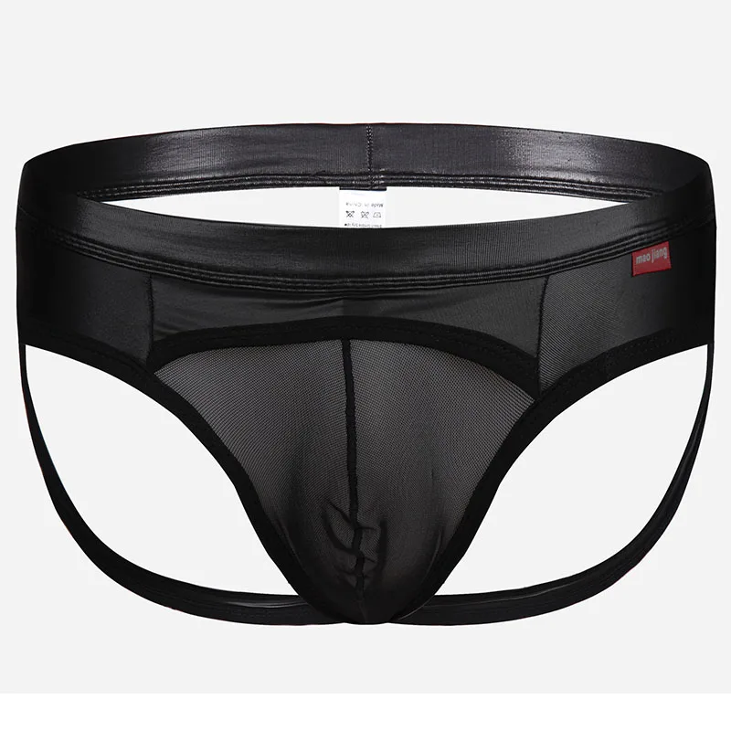 

Leather Mens Briefs Underwear Sexy Jockstrap Men Gay Underwear Transparent Mesh Man Underpants Bulge Pouch Sissy Panties