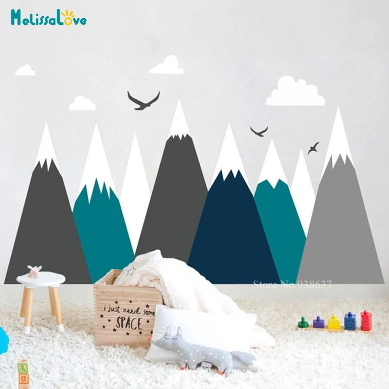 Mountains Cloud Bird Woodland Wall Sticker Adventure Decal Baby Kids Nursery Room Decoration BA496