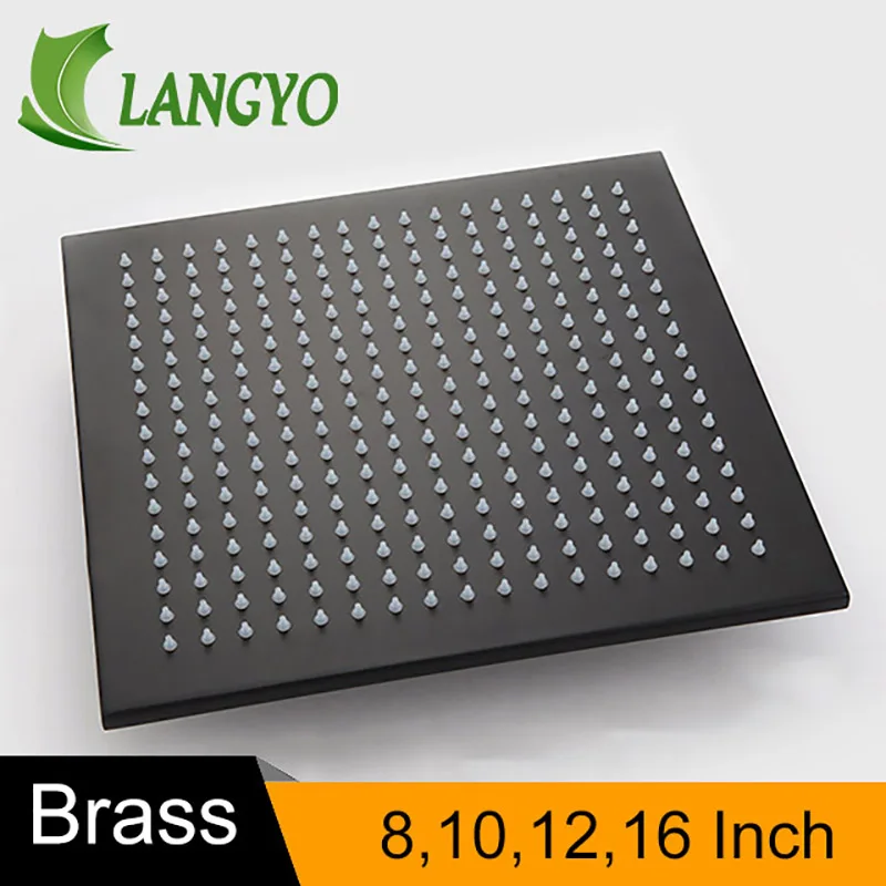 LANGYO  16/12/10/8 inch Square Rainfall Shower Head Brass Surface Plating Black Wall Mounted Ceiling Rain Shower Rain ShowerHead