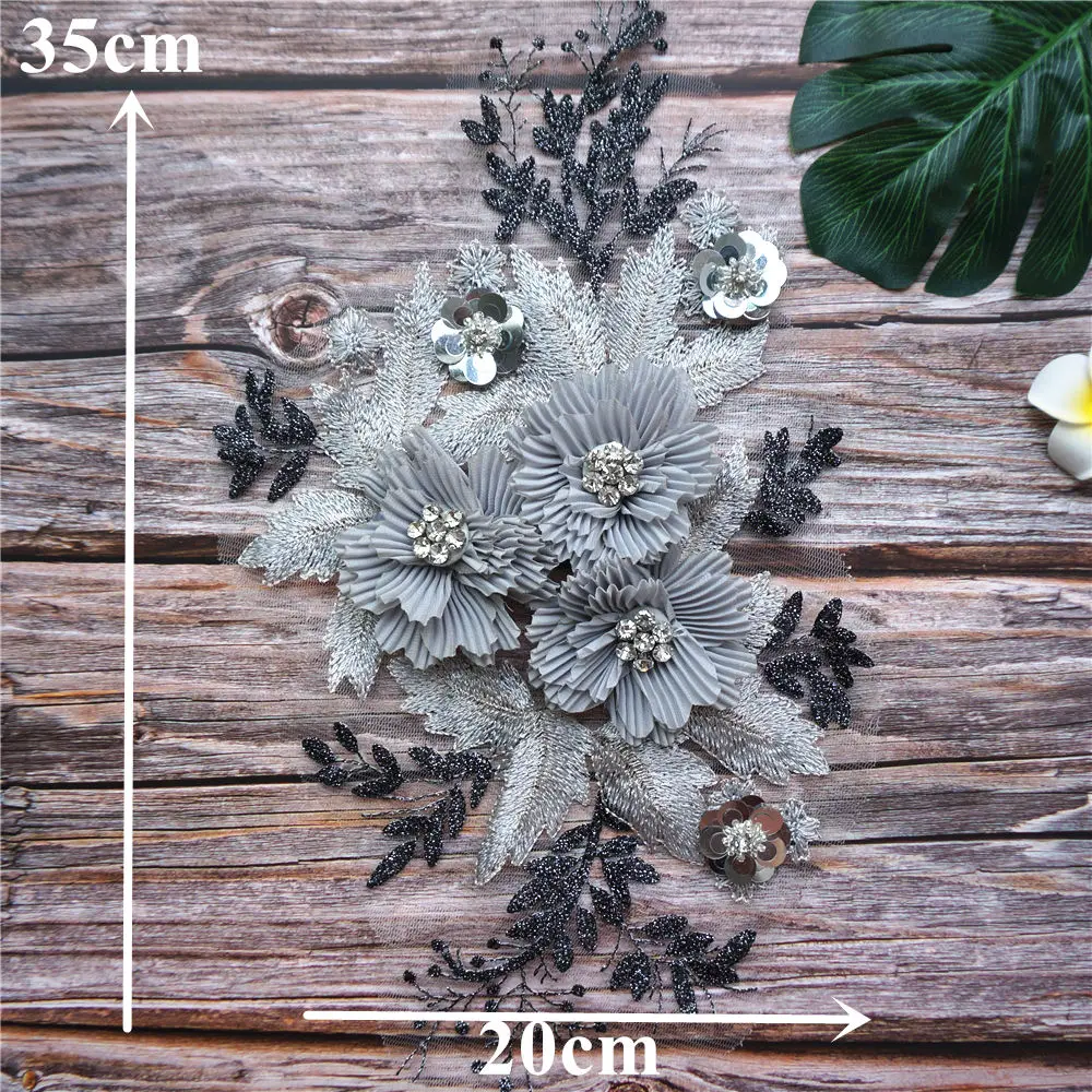 Grey 3D Flowers Rhinestone Lace Fabric Embroidered Wedding Gown Appliques Trims Collar Mesh Sew Patch For Dress DIY Decoration