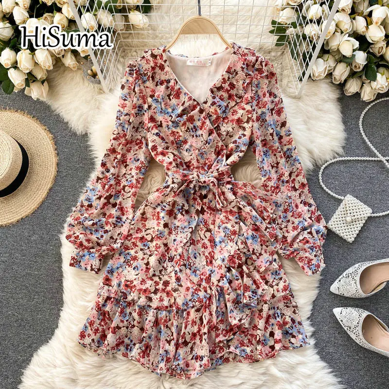 

2024 spring autumn new women's V collar lantern sleeve ruffles flower print chiffon A-line dress female Chic elegant dresses