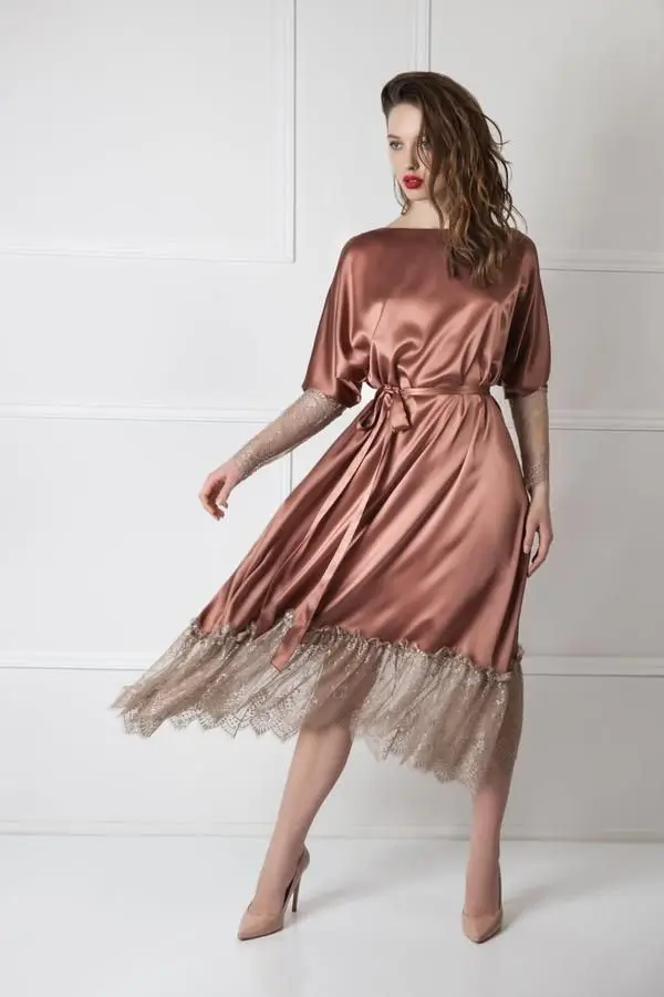 Bata de noche de seda elegante, ropa de dormir de manga larga, apliques de encaje, para fiestas, vestidos de gala, ropa de novia