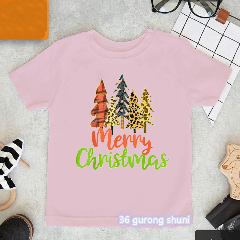 

Kawaii girls t-shirt rainbow letter Christmas tree graphic print girl Christmas clothing fashion Harajuku baby girls pink tshirt