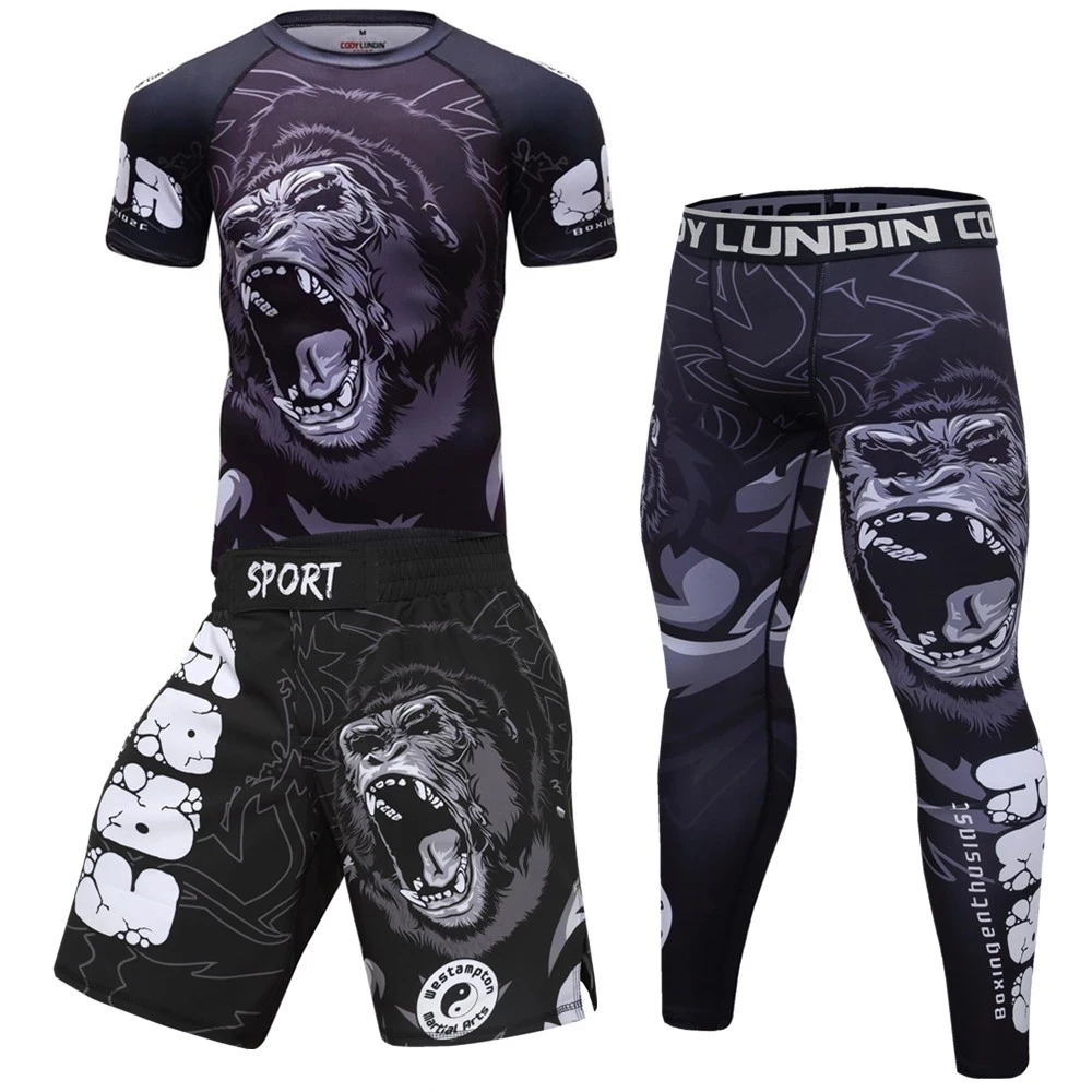 MMA boks T Shirt + spodnie męskie Jiu Jitsu wysypka Guard dres spodenki Muay Thai Rashguard MMA kompresji kick-Boxing koszulki rowerowe zestawy