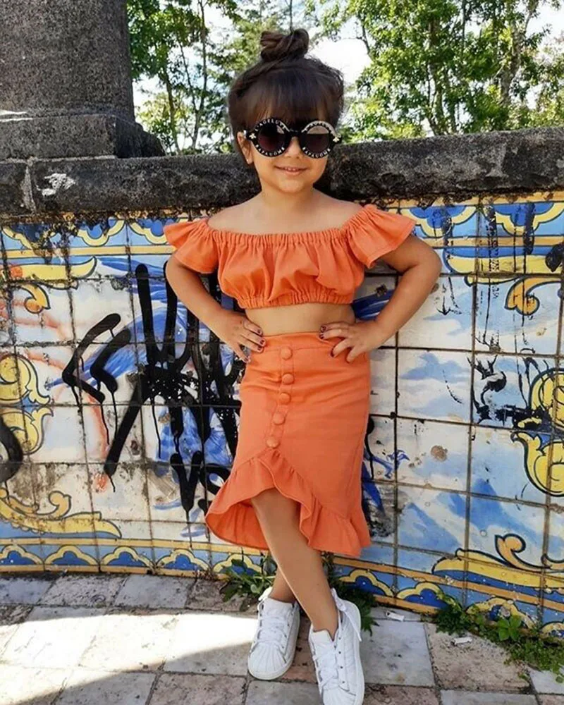 Toddler Baby Girls Clothes Kids Orange Off Shoulder Crop Top Ruffle A-Line Skirt 2PCS Outfit Children's Clothing Set 1-6Y Summer