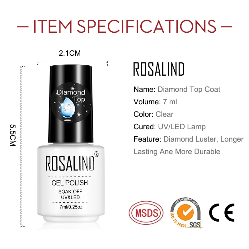 ROSALIND Gel Polish Diamond Top Coat UV Lamp Gel Soak Off Reinforce Long Lasting Nail Art Manicure Gel Lak Varnish Primer