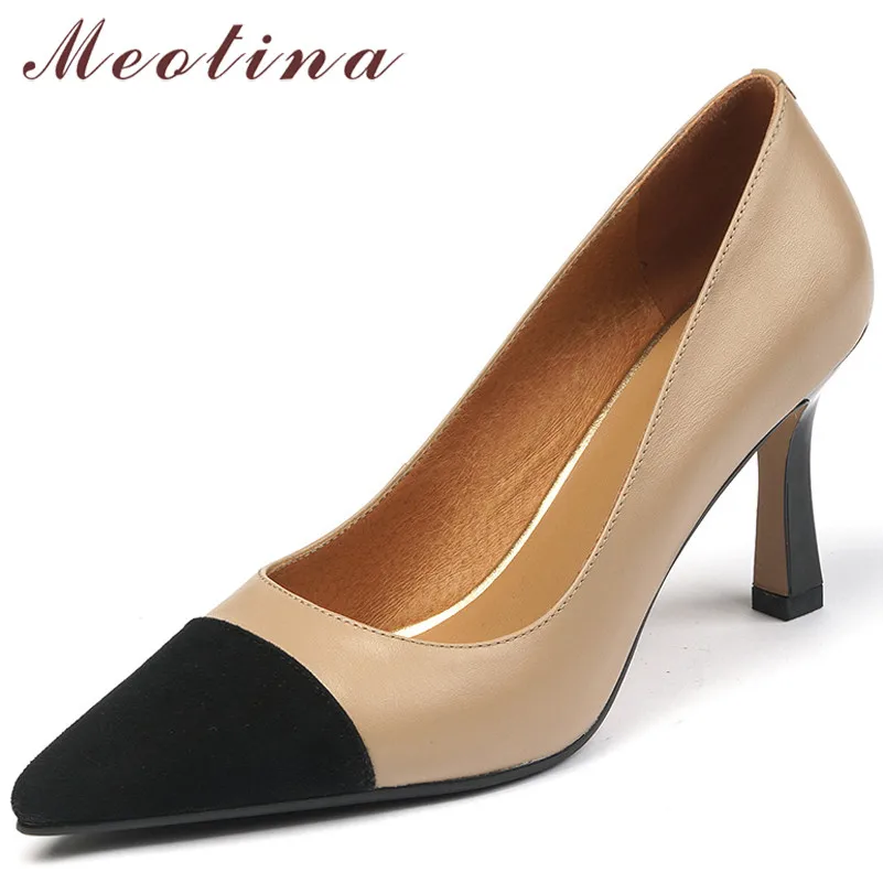 Meotina Pointed Toe Pumps Women Shoes Genuine Leather High Heels Shallow Thin Heel Dress Shoes Female Footwear Apricot Size 40