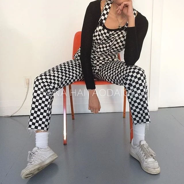 Plus Size Checkerboard Plaid Rompers Women Jumpsuit Straight Wide Leg Overalls Female Street Hiphop Casual Loose Pant Suspender