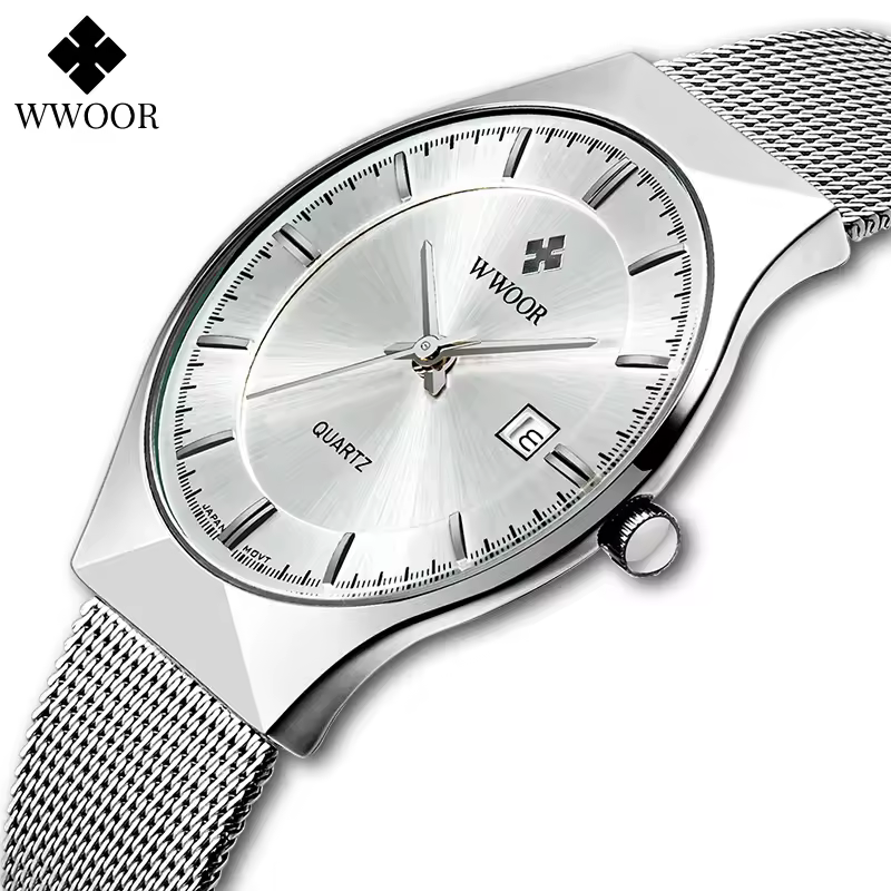 WWOOR כסף גברים שעונים עם רשת פלדה למעלה מותג יוקרה Ultra דק קוורץ עמיד למים תאריך עסקי שעוני יד תיבת Montre Homme