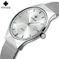 Relojes WWOOR plateados para hombre con malla de acero, marca superior de lujo, cuarzo ultrafino, resistente al agua, fecha, reloj de pulsera de negocios, caja Montre Homme