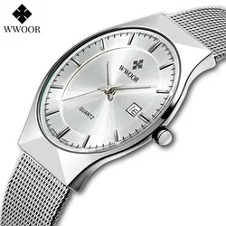 WWOOR Silver Men Watches with Mesh Steel Top Brand Luxury Ultra Thin Quartz Waterproof Date Business Wristwatch Box Montre Homme