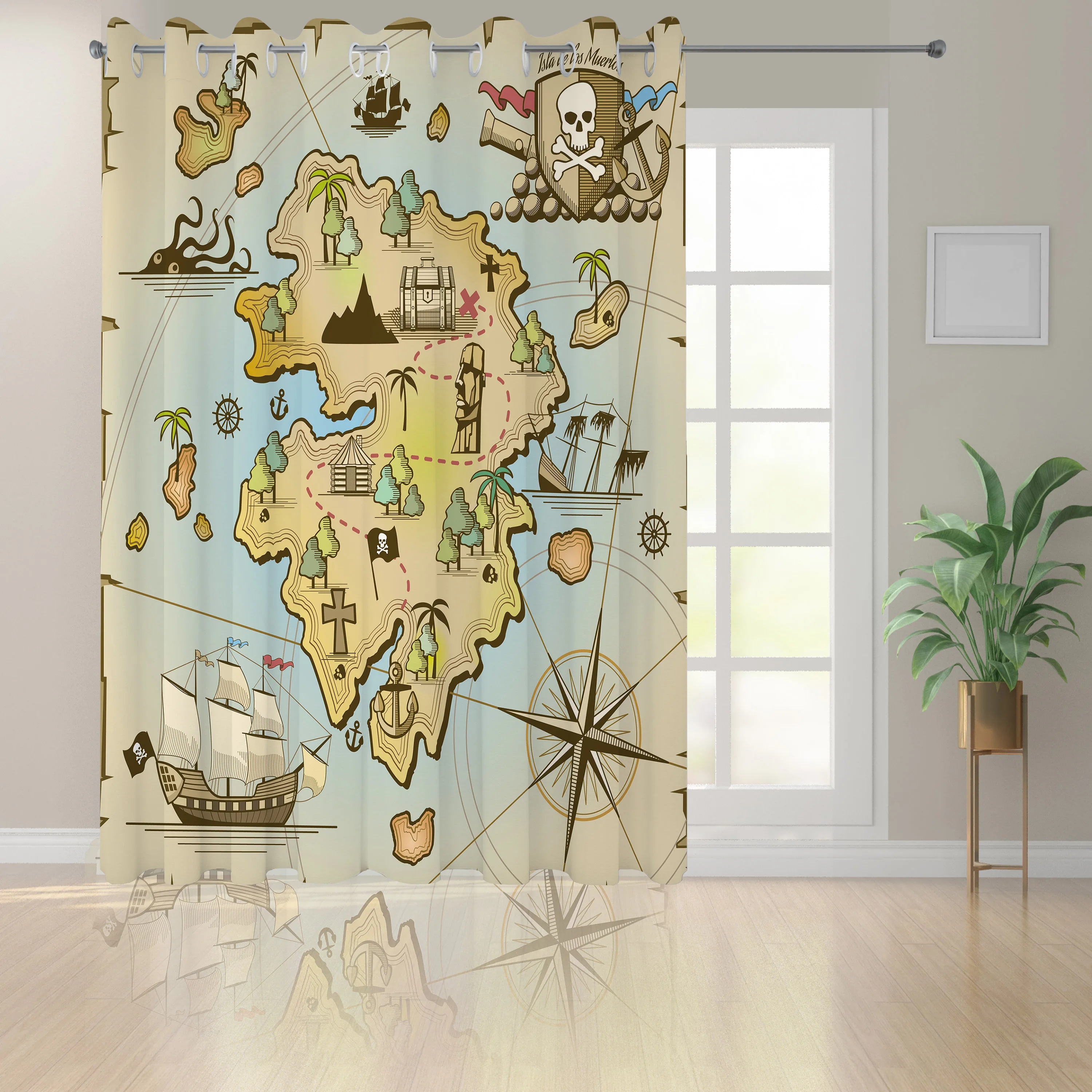 Island Map Curtains Cartoon Treasure Island Pirate Ship Chest Kraken Octopus Nautical Kids Design Living Room Bedroom Window