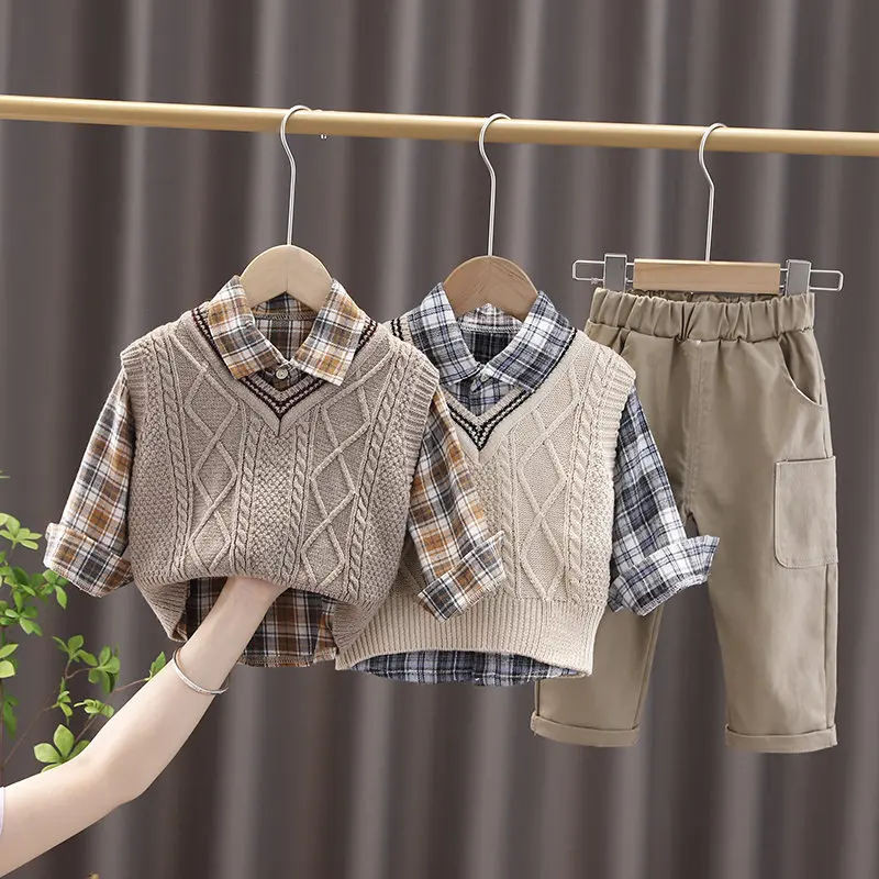 Spring Fashion Kids Cotton Clothes Kids Boys Girls Sweater Vest Plaid Shirts Pants 3Pcs/sets Pocket Children Toddler Tracksuits