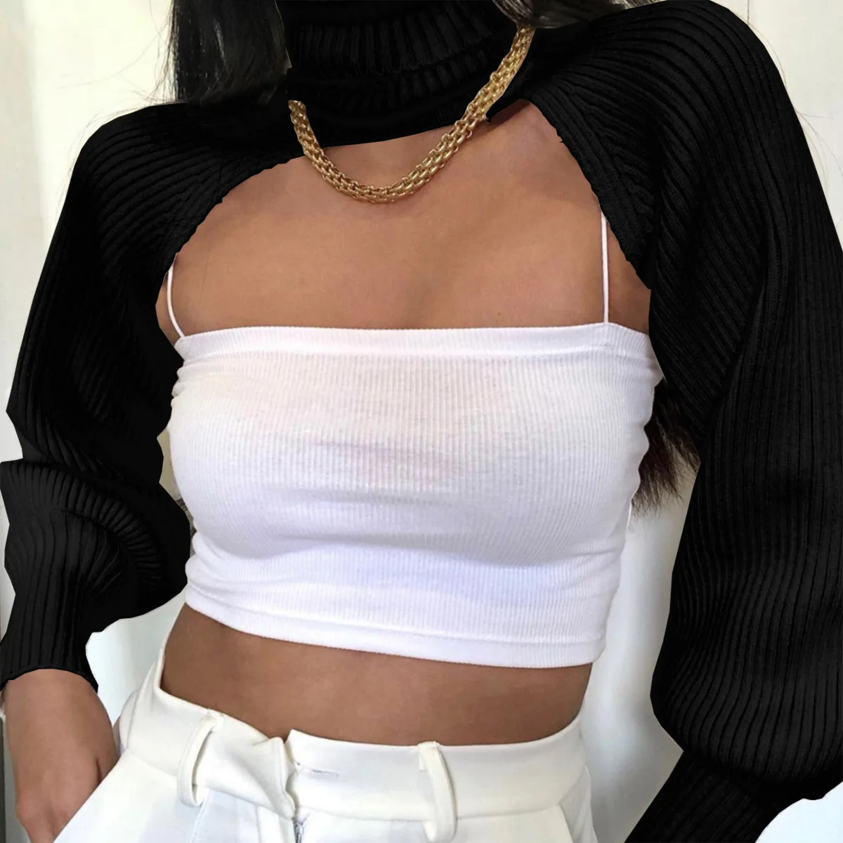Women Sweater Tops Ladie Fashion Elegant Solid Color High Collar Long Puff Sleeve Knitwear Pullover for Women кофта женская
