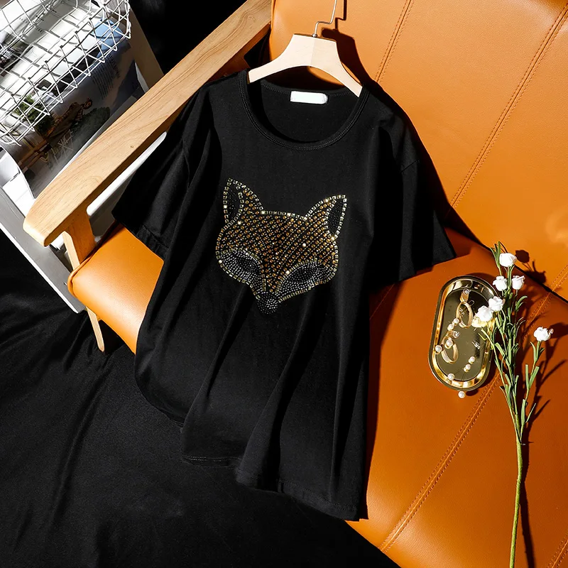 Summer Women's clothing New Fashion Korean hot drilling fox printing short-sleeved T-shirt female Leisure loose Diamonds tops