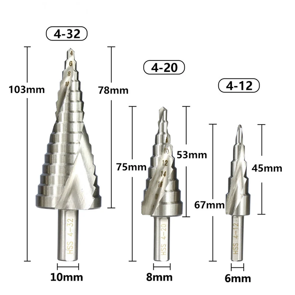 4-12 4-20 4-32mm HSS Steel Titanium Pagoda Drill Hexagon Screw Drill HSS Power Tools Spiral Grooved Metal Steel Step Drill