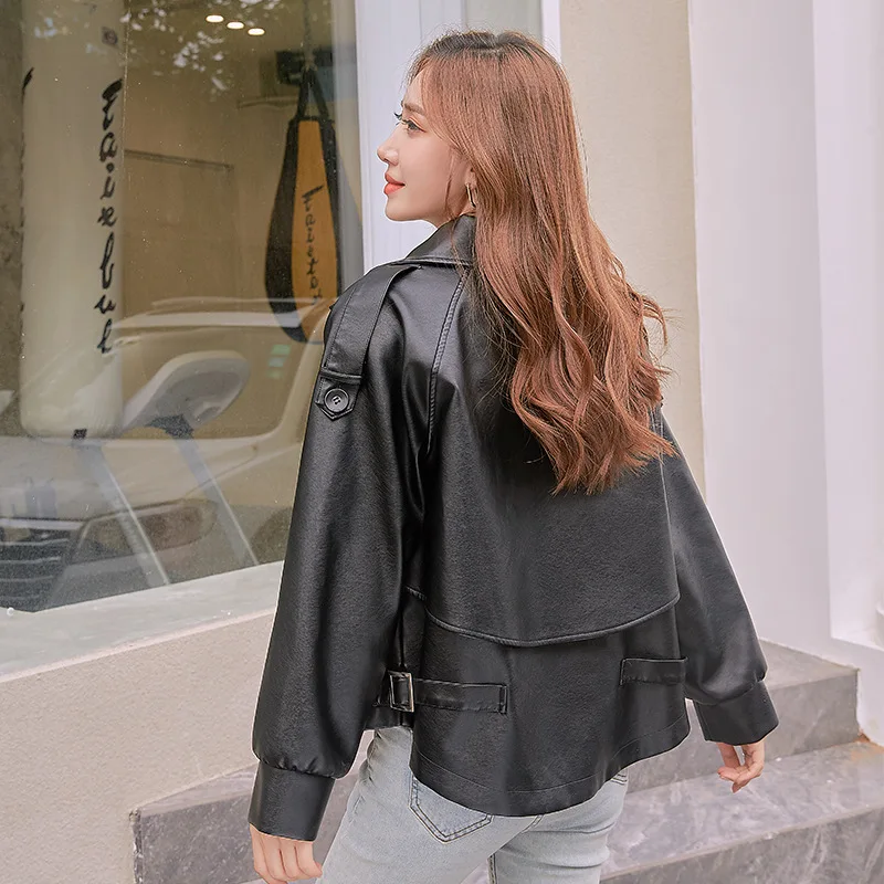 Autumn Girls Moto Biker Leather Jacket Women Black PU Spring Coat Double Breasted Korean Style Loose Casual Outwear Streetwear