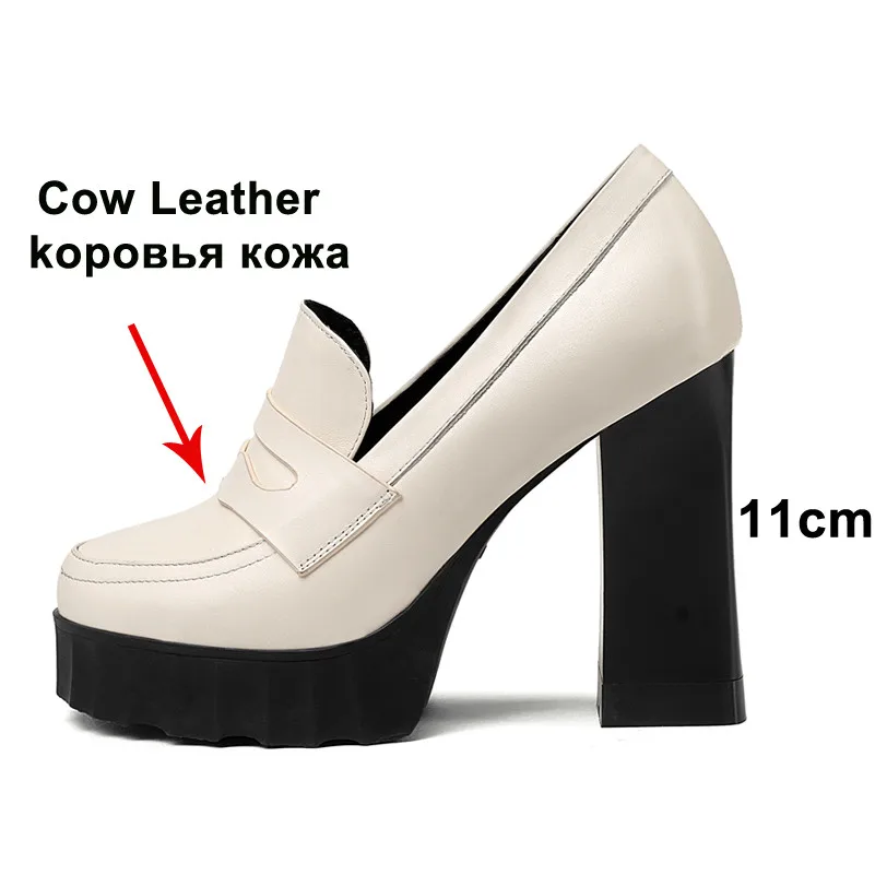 ANNYMOLI High Heels Women Shoes Natural Genuine Leather Platform Chunky High Heel Shoes Cow Leather Round Toe Pumps Ladies 34-39