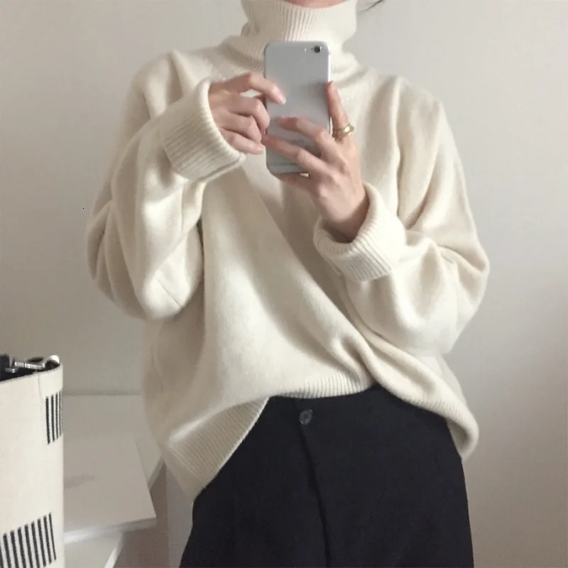 Women's Sweater New 2019 Women's Autumn Winter Sweaters Pullover Turtleneck Solid Minimalist Elegant Office Ladies Loose Tops