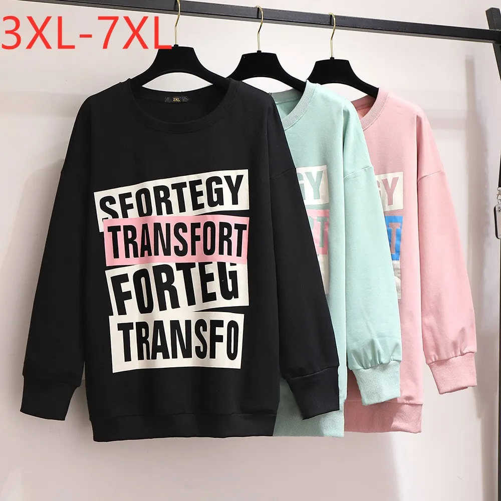 

New 2021 Spring Autumn Plus Size Tops For Women Large Long Sleeve Loose Black Print Letter Sweatshirt Coat 3XL 4XL 5XL 6XL 7XL