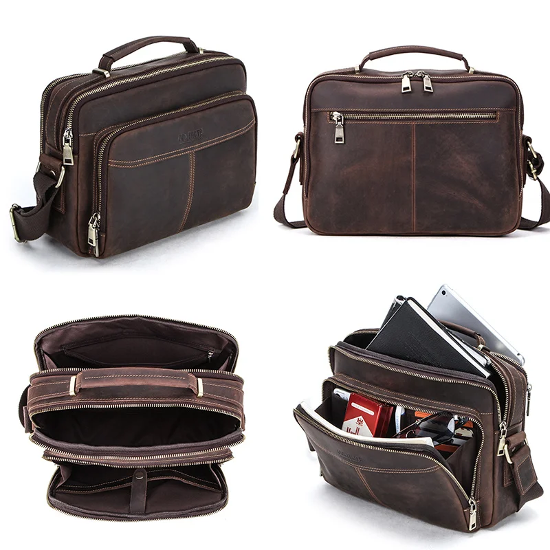 Crazy Horse Leather Men Messenger Bag Small Men Crossbody Bag For 10.5\