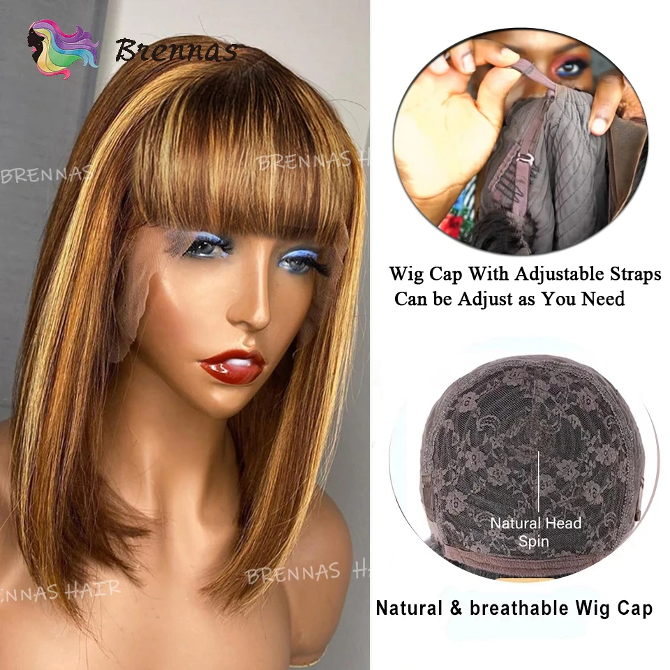 Highlight Straight Bob Wig With Bangs Density180 Honey Blonde Wear And Go Highlight Straight Human Hair Bob Wigs For Black Women