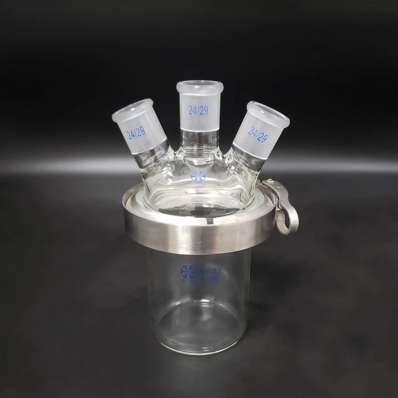 

Single-layer cylindrical flat bottom open reactor bottle 250ml,100mm flange, Stainless steel clip,Cover with three joint 24/29