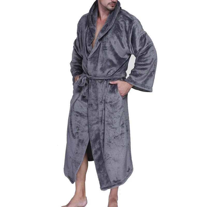 Spring Winter Nightdress Blue Men Casual Coral Fleece Sleepwear Warm Couple Home Wear Flannel Belt Pyjamas Bathrobe Gown 150KG