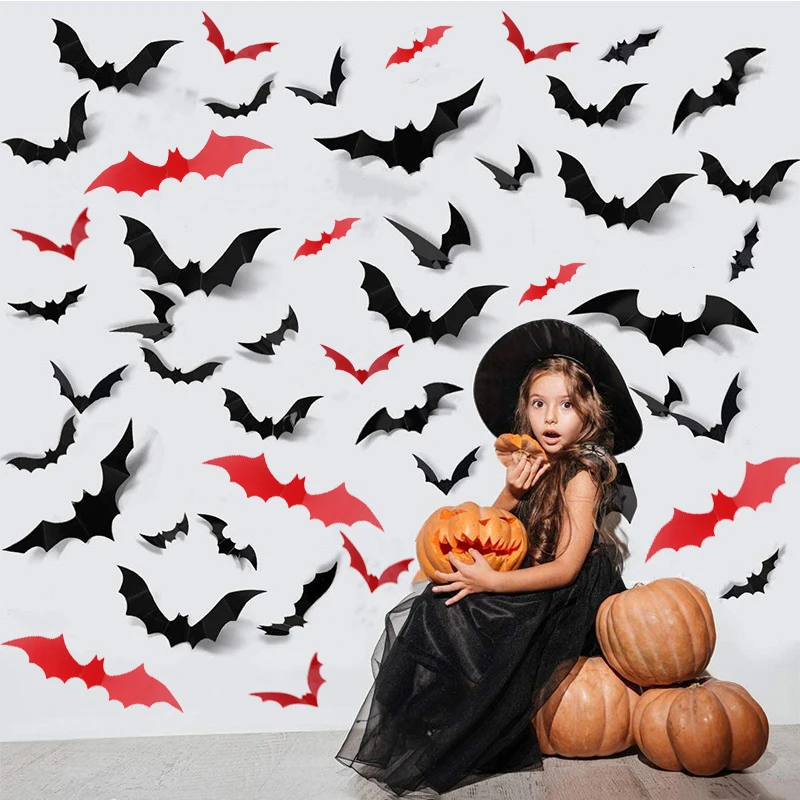 

12/24/48pcs Halloween Decoration Bat Halloween Party DIY Decor Bar Room Halloween Party Scary Decos Props Wall Sticker 3D Black