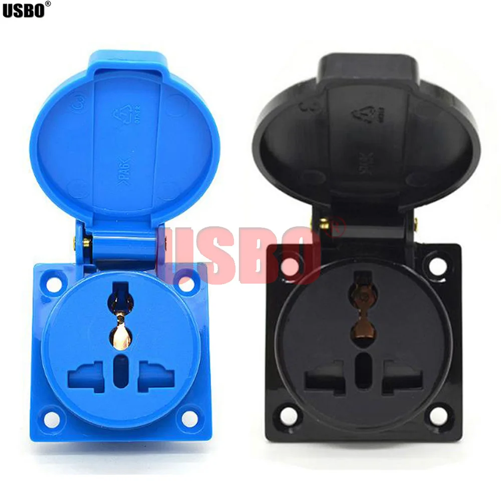 1PCS Black Blue AU US UK EU German Frence Brazil Swiss universal industry AC power socket outdoor dustproof waterproof socket