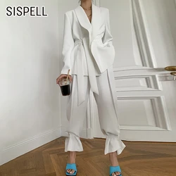 SISPELL Women's Set Lapel Collar Long Sleeve Loose Belt Blazer Coat High Waist Pants Legs Adjustable Pants For Female Casual Set