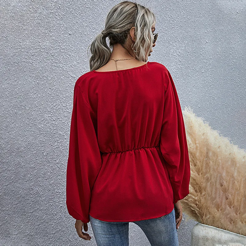 Ladies Blouse Women 2020 Casual V-neck Puff Sleeve Waist Woman Top Long Sleeve Fashion Loose O-Neck Red Shirts Fall Clothes